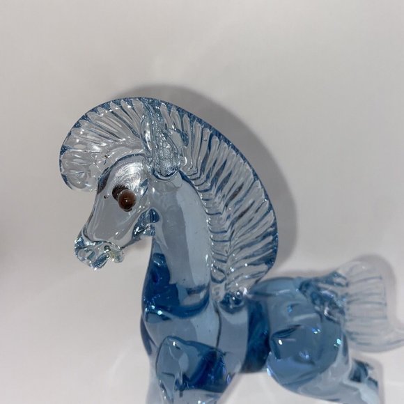 Vintage Mexican Art Glass Horse Blue And Clear Hand Blown 9" Rearing Stallion - Picture 7 of 12